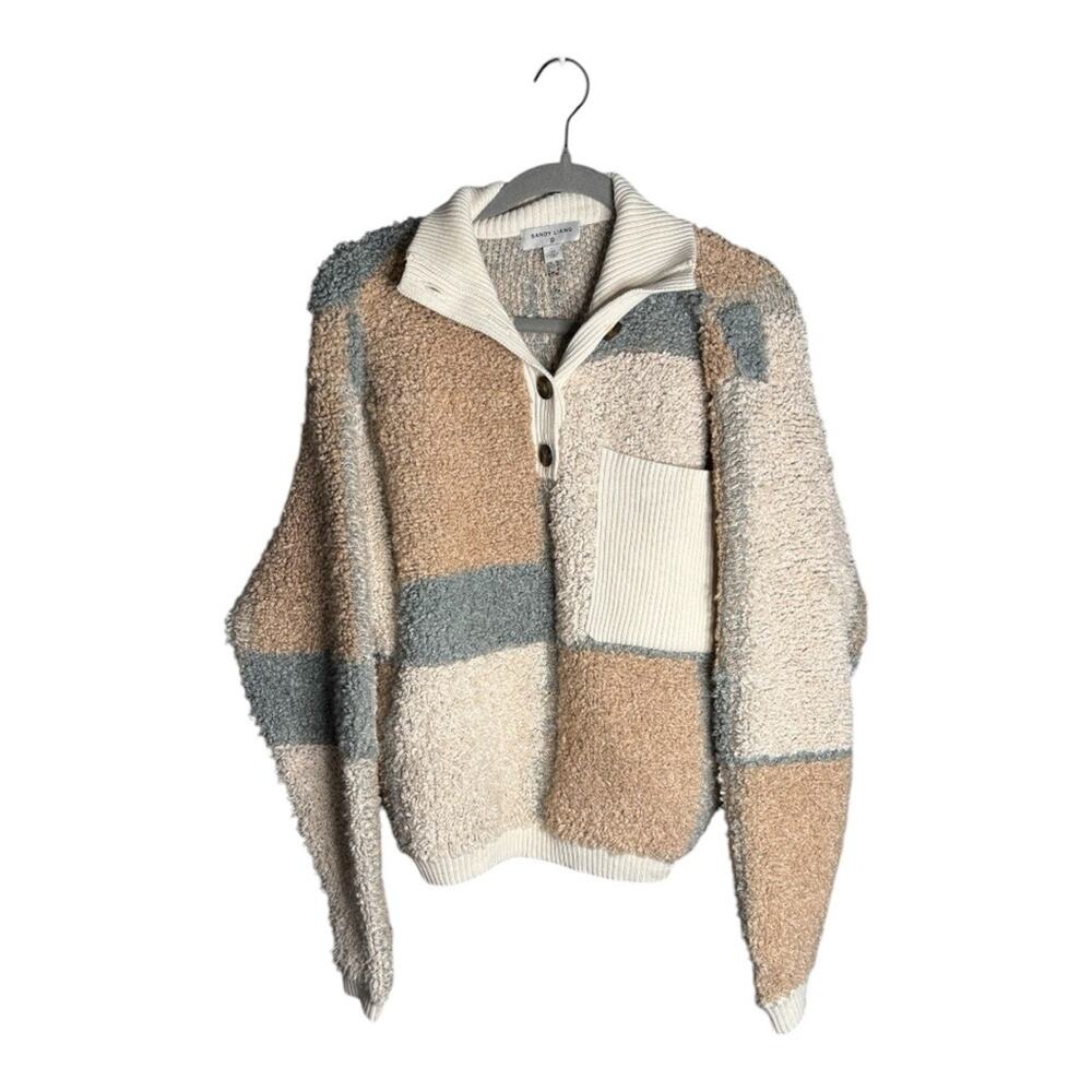 Sandy Liang Tan Gray ColorBlock Fleece Pullover With Collar XS